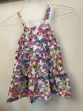 Peek Girls Butterfly Tiered Dress - White with Pink, Orange, Teal